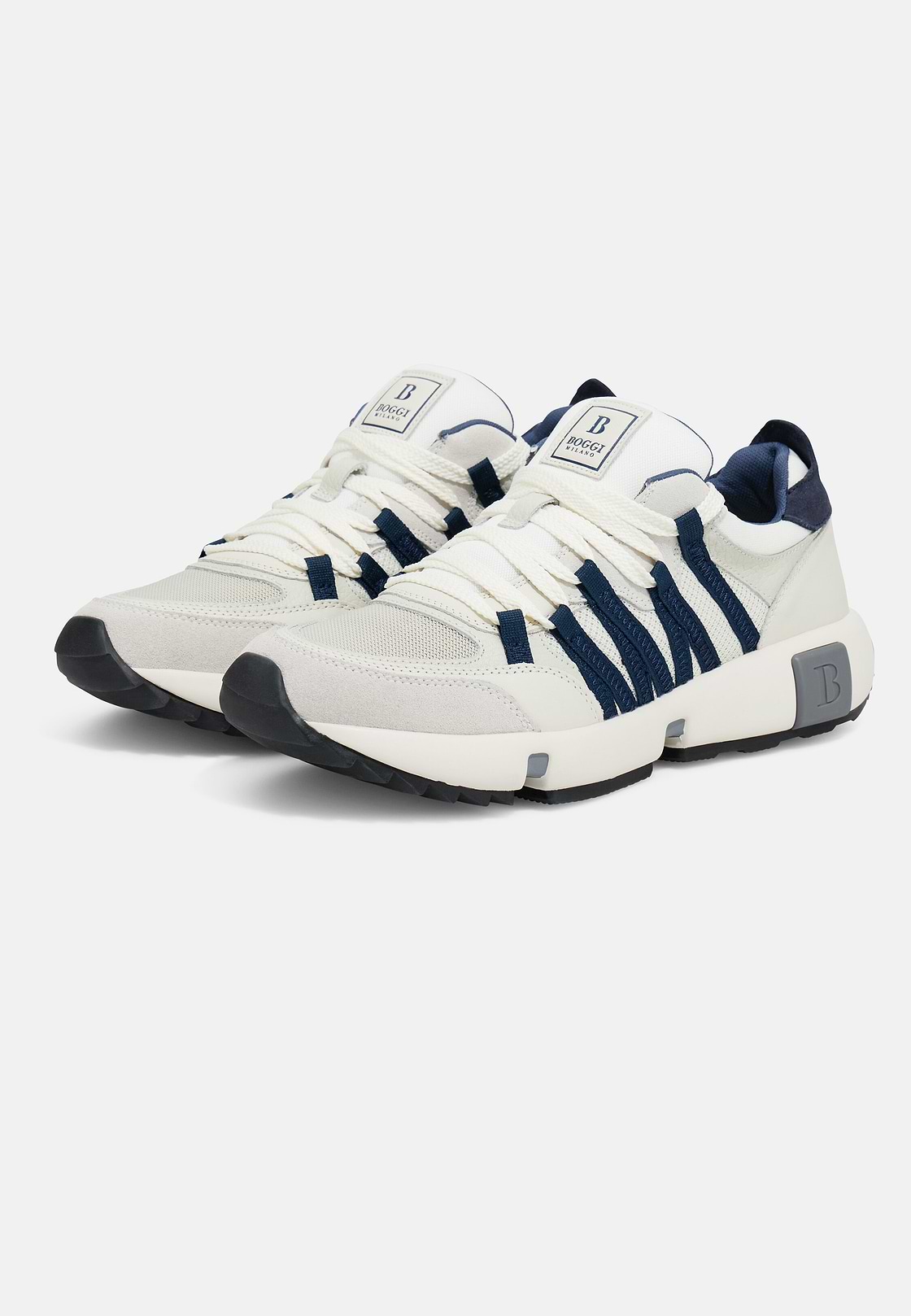Technical Fabric and Leather Trainers, White - Blue, hi-res