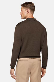 Brown Merino Wool Knitted Polo Shirt, Brown, hi-res