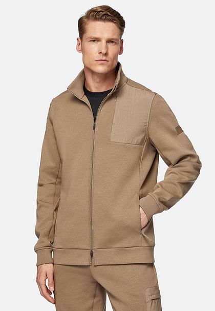 Full-Zip Hoodie In Lightweight Cotton Blend Scuba, Beige, hi-res