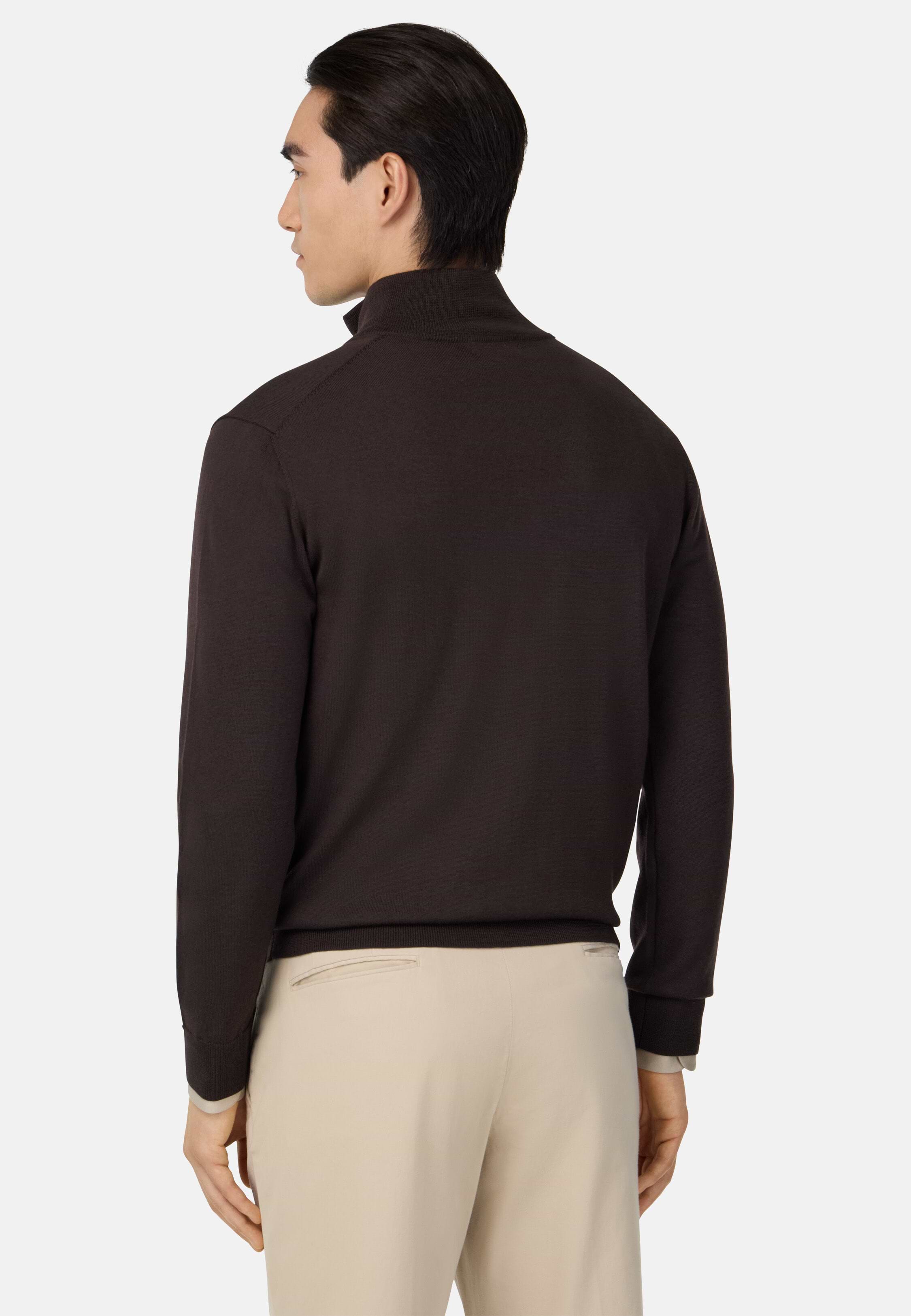 Men's Merino Wool Full Zip Jumper, Dark brown | Boggi Milano