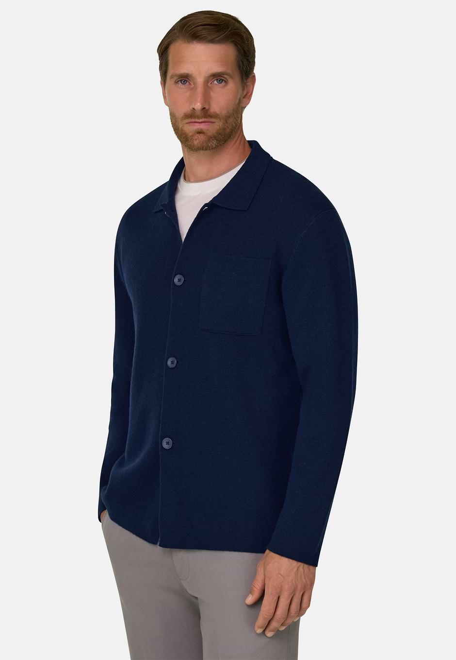 Knitted Shirt in Merino Wool, Navy blue, hi-res
