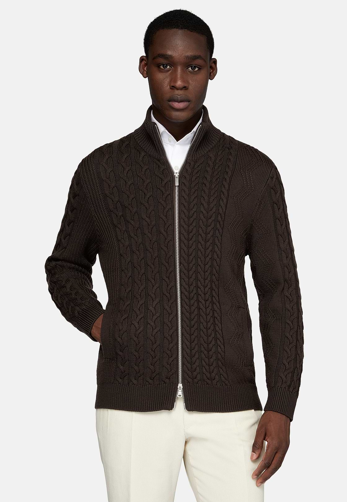 Brown Mixed Stitch Merino Wool Full Zip Jumper, Brown, hi-res