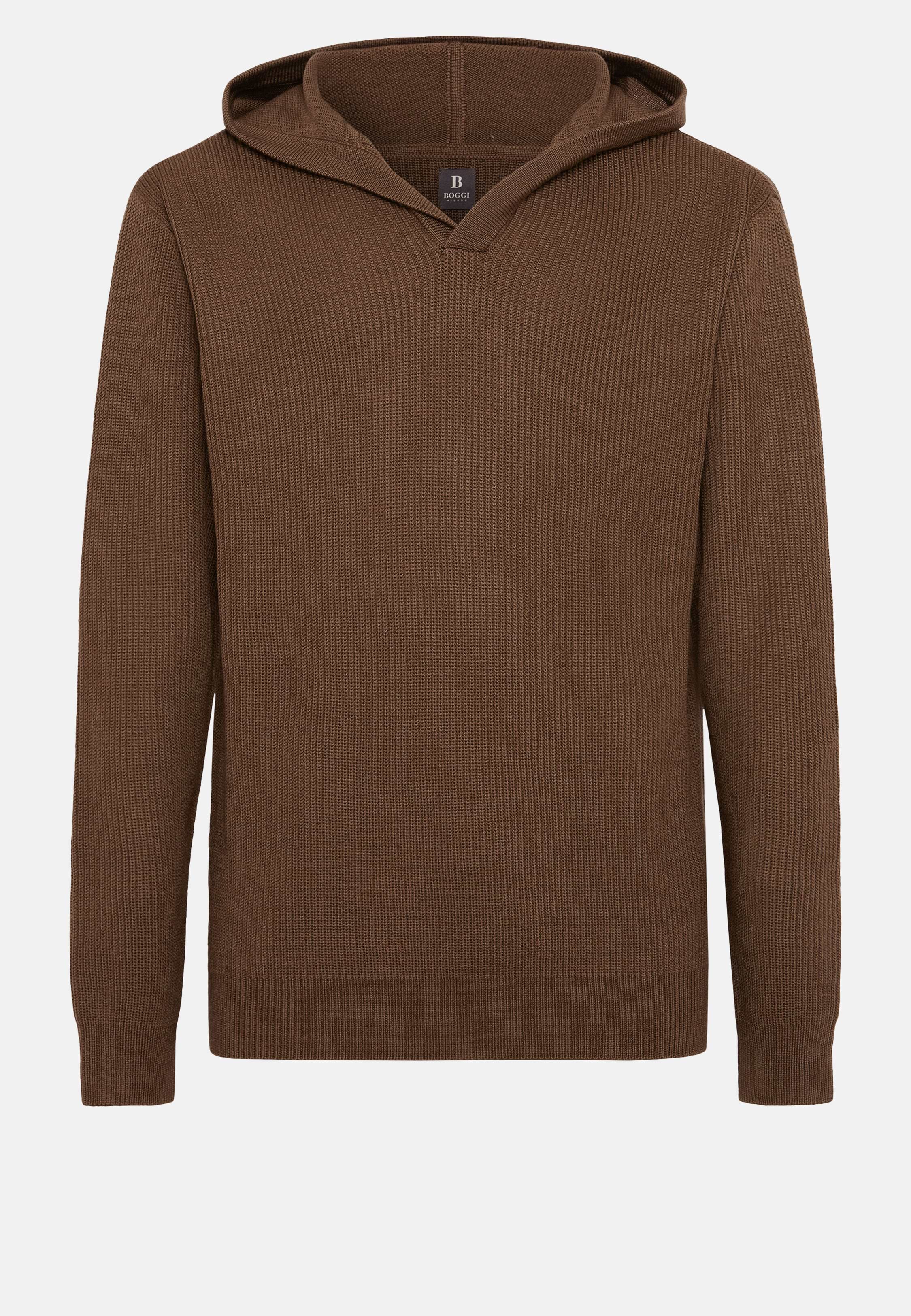 Men's Hazelnut V Neck Hoodie In Merino Wool | Boggi Milano
