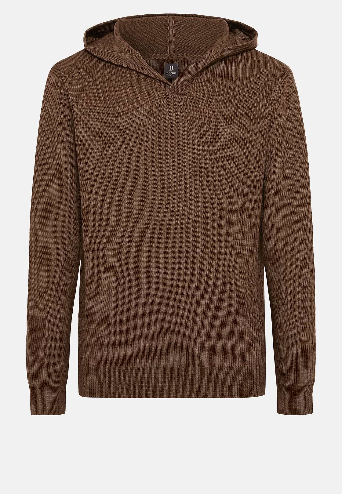 Haselnussfarbener Pullover Mit V-Ausschnitt und Kapuze Aus Merinowolle, Haselnuss, hi-res