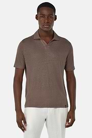 Stretch Linen Jersey Polo Shirt, Taupe, hi-res