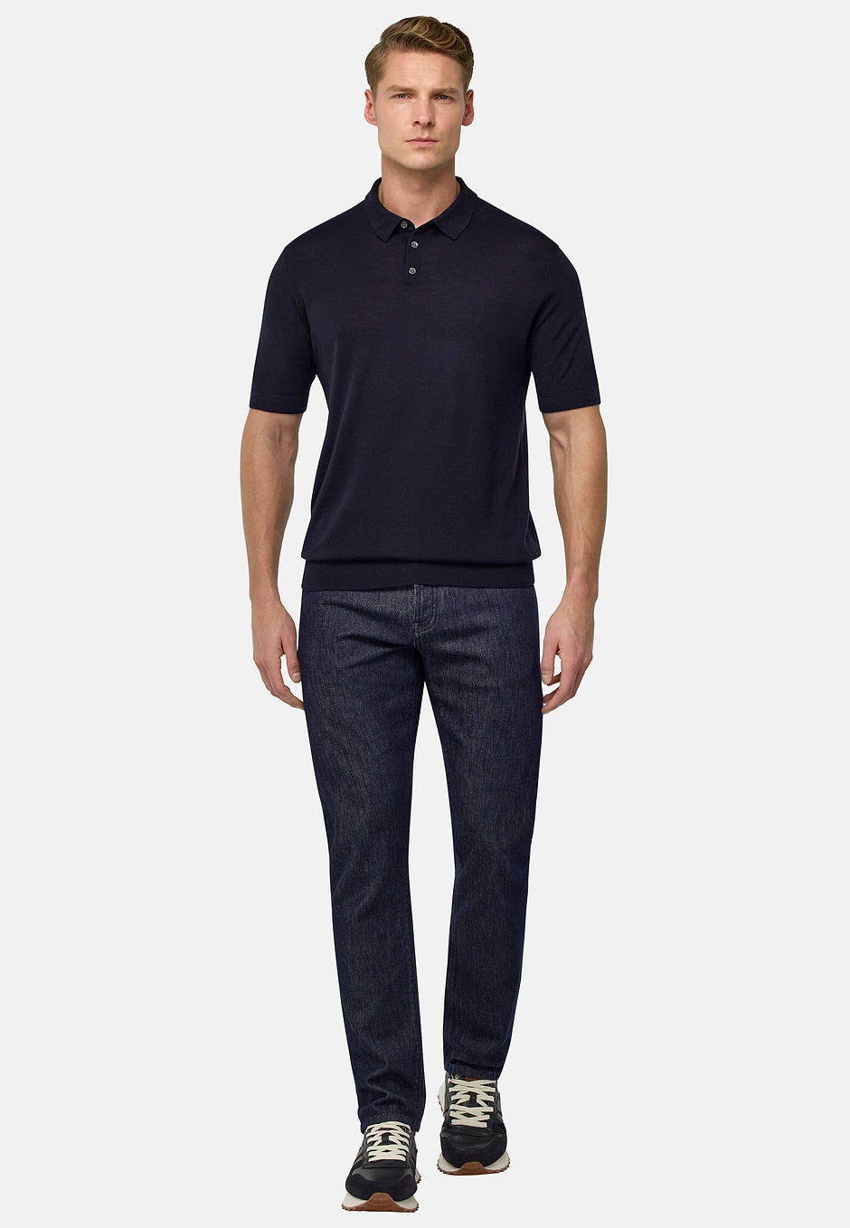 Knitted Merino Wool Polo, Navy blue, hi-res
