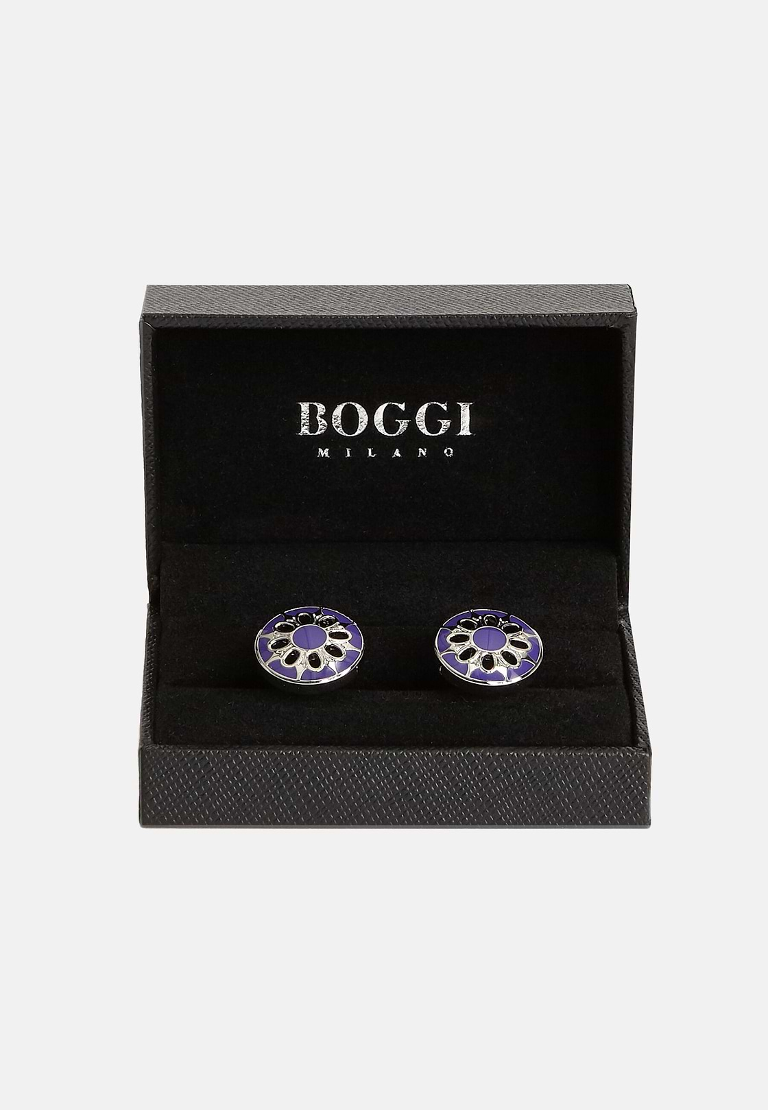 Circular cufflinks with flower, Blue, hi-res