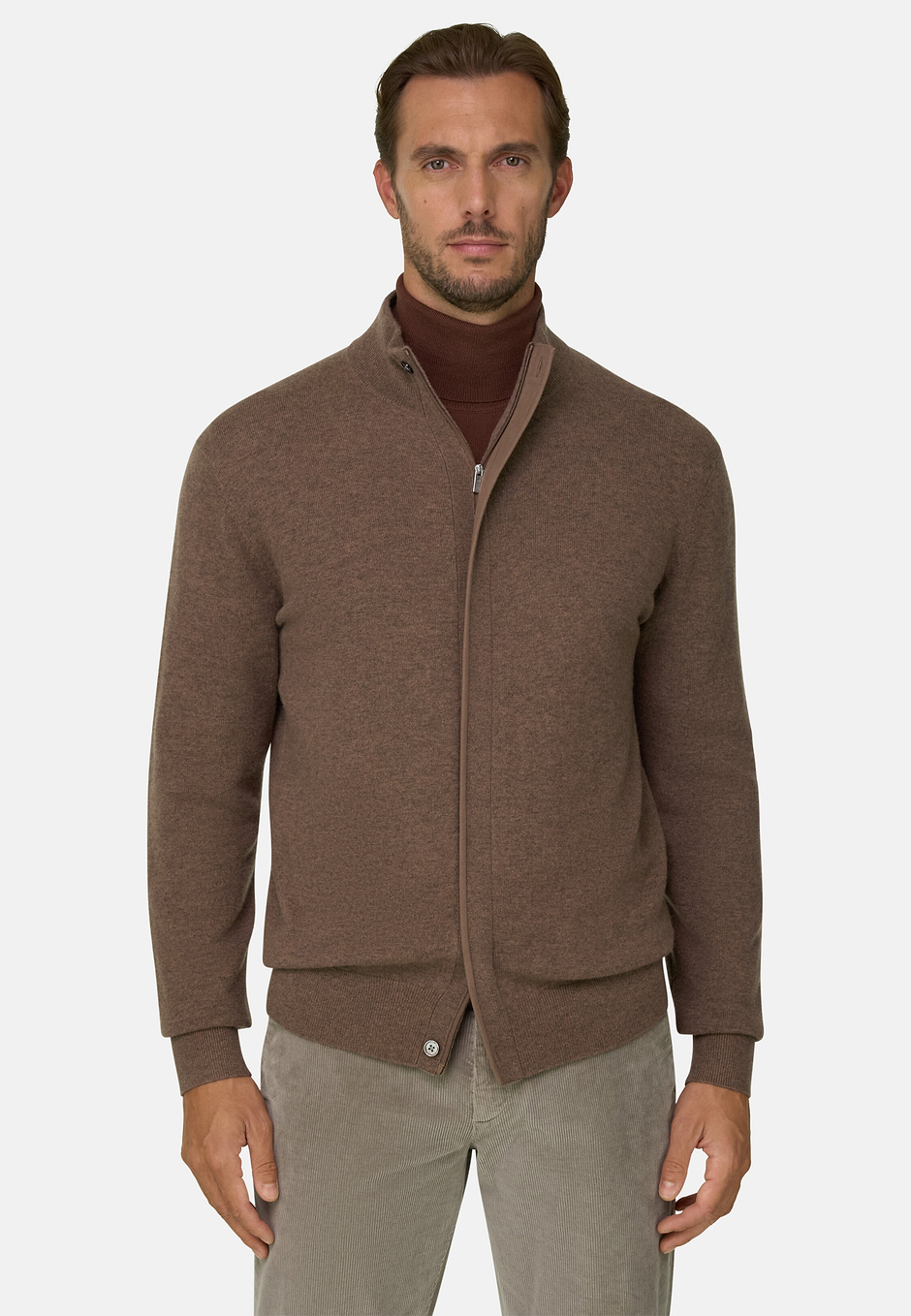 Pull à col montant fermeture Éclair intégrale laine cachemire mélange, Marron, hi-res