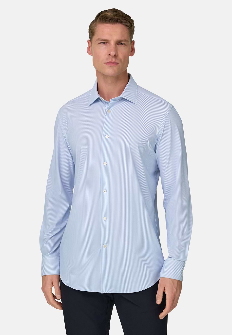 Camisa De Nailon Elástico Corte Slim, Azul claro, hi-res