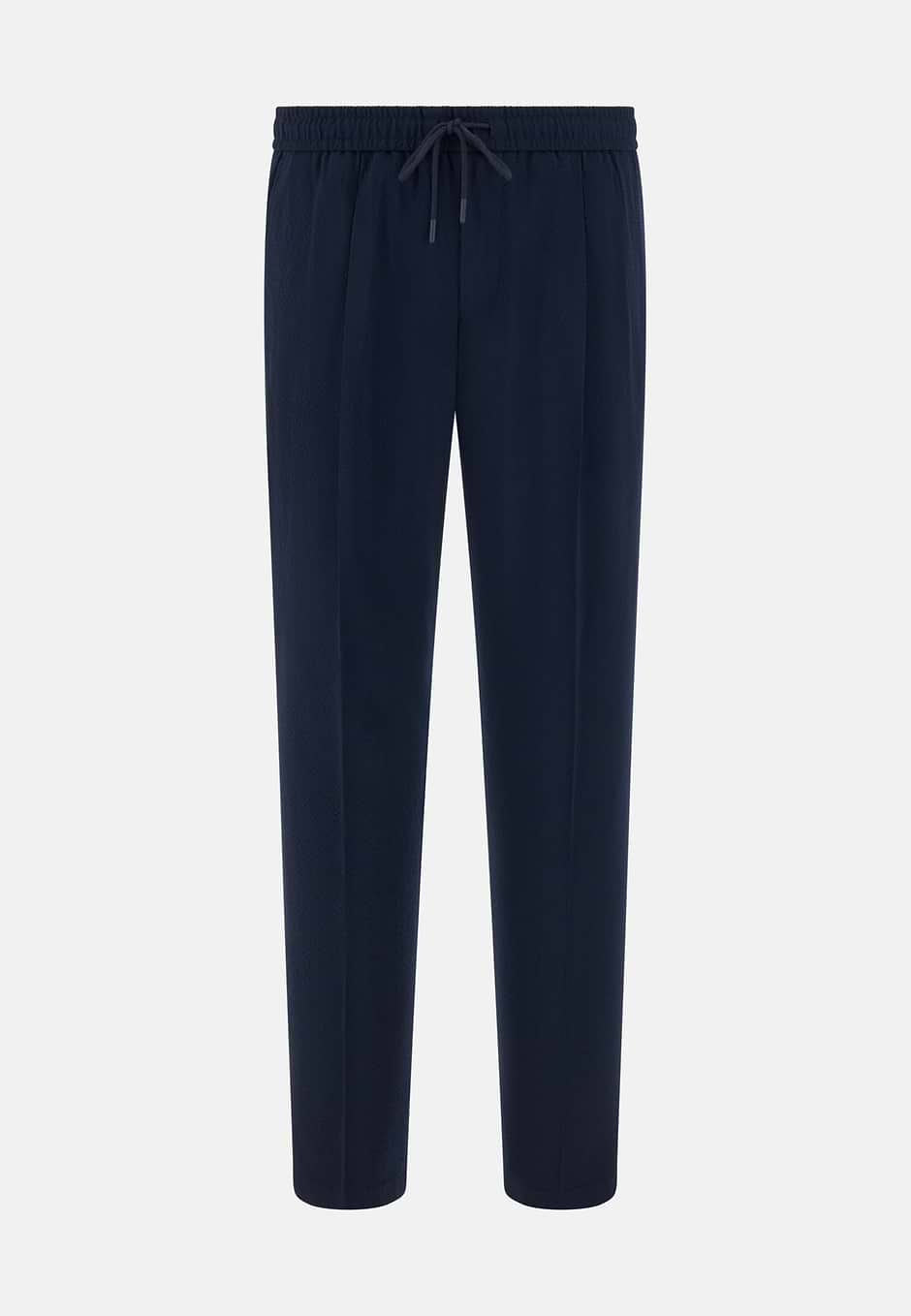 Pantaloni City In Seersucker Di Lana Elasticizzata, Navy, hi-res