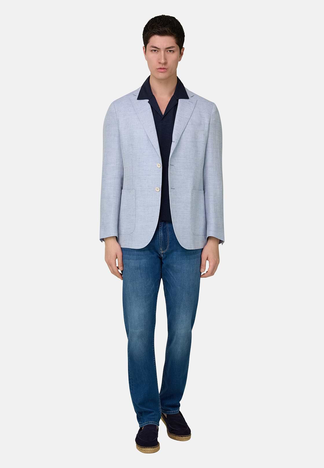Herringbone Linen and Wool Jacket, Light Blue, hi-res, 1