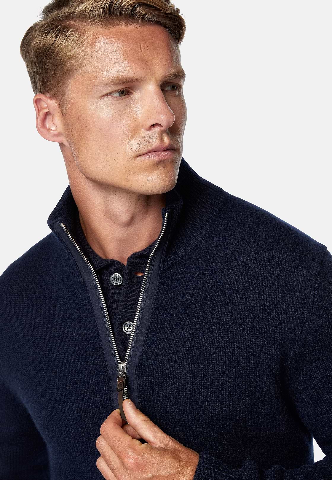 Navy Cashmere Full Zip Jumper, Navy blue, hi-res