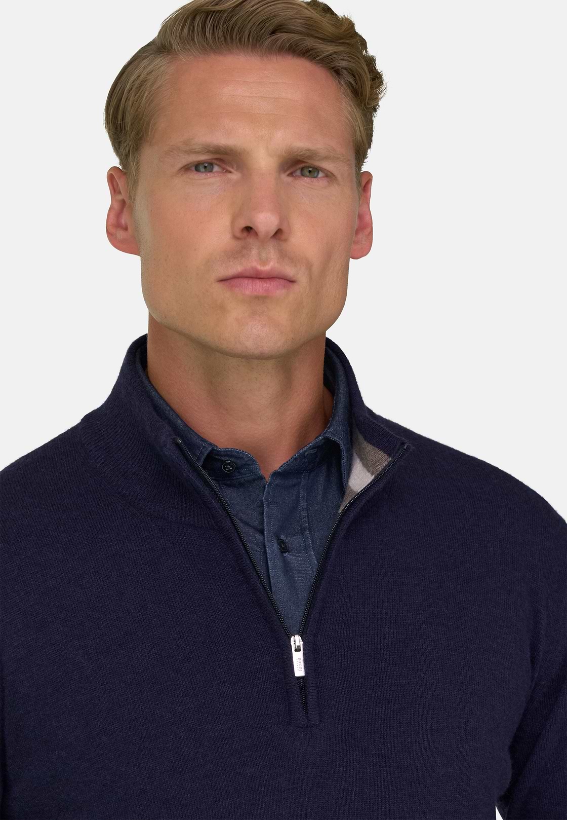 Quarter-Zip Jumper in Cashmere Blend, Navy blue, hi-res, 3