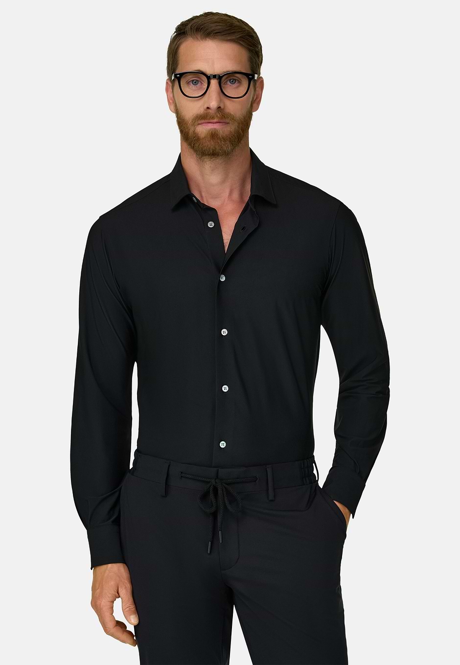 Black Stretch Nylon Slim Fit Shirt, Black, hi-res