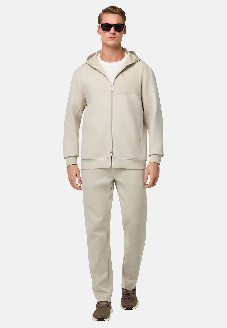 Full-Zip Hoodie in Cotton Blend Scuba, Sand, hi-res