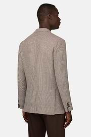 Giacca Principe Di Galles In Lino E Lana, Marrone, thumb, 3