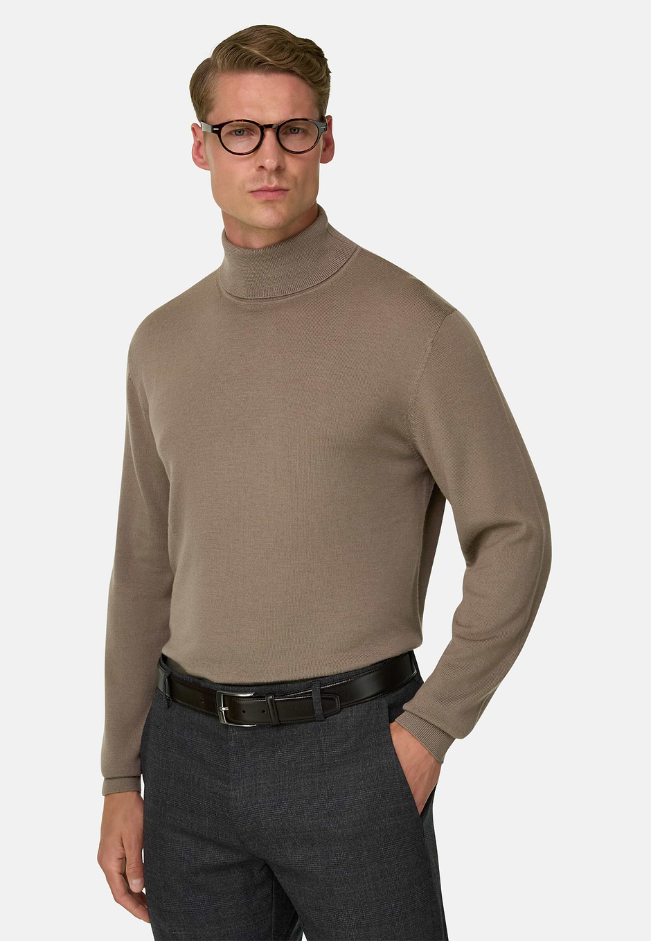 Turtleneck Jumper in Merino Wool, Taupe, hi-res