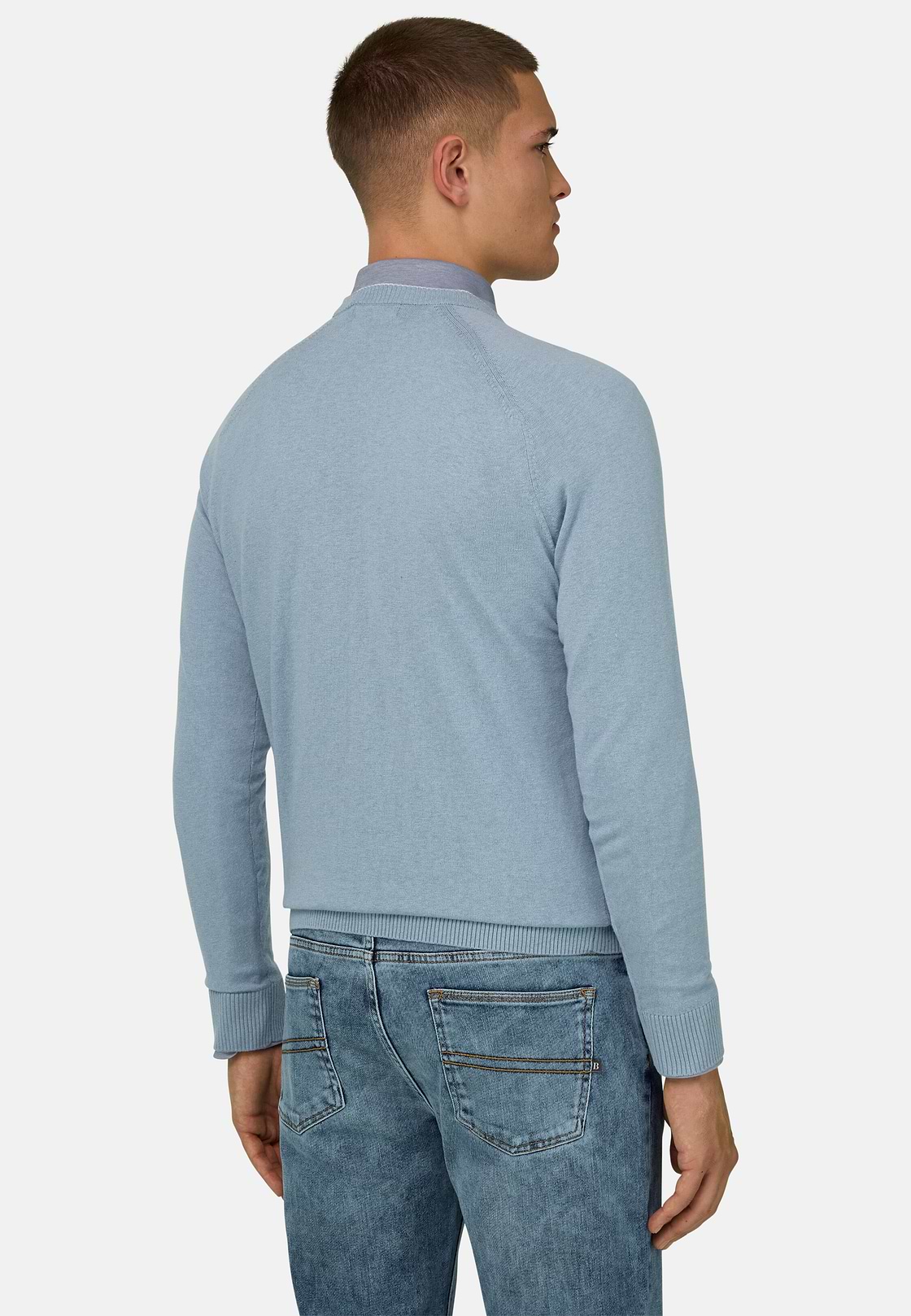 Pull Col Rond En Coton Soie Cachemire, Bleu clair, hi-res, 3