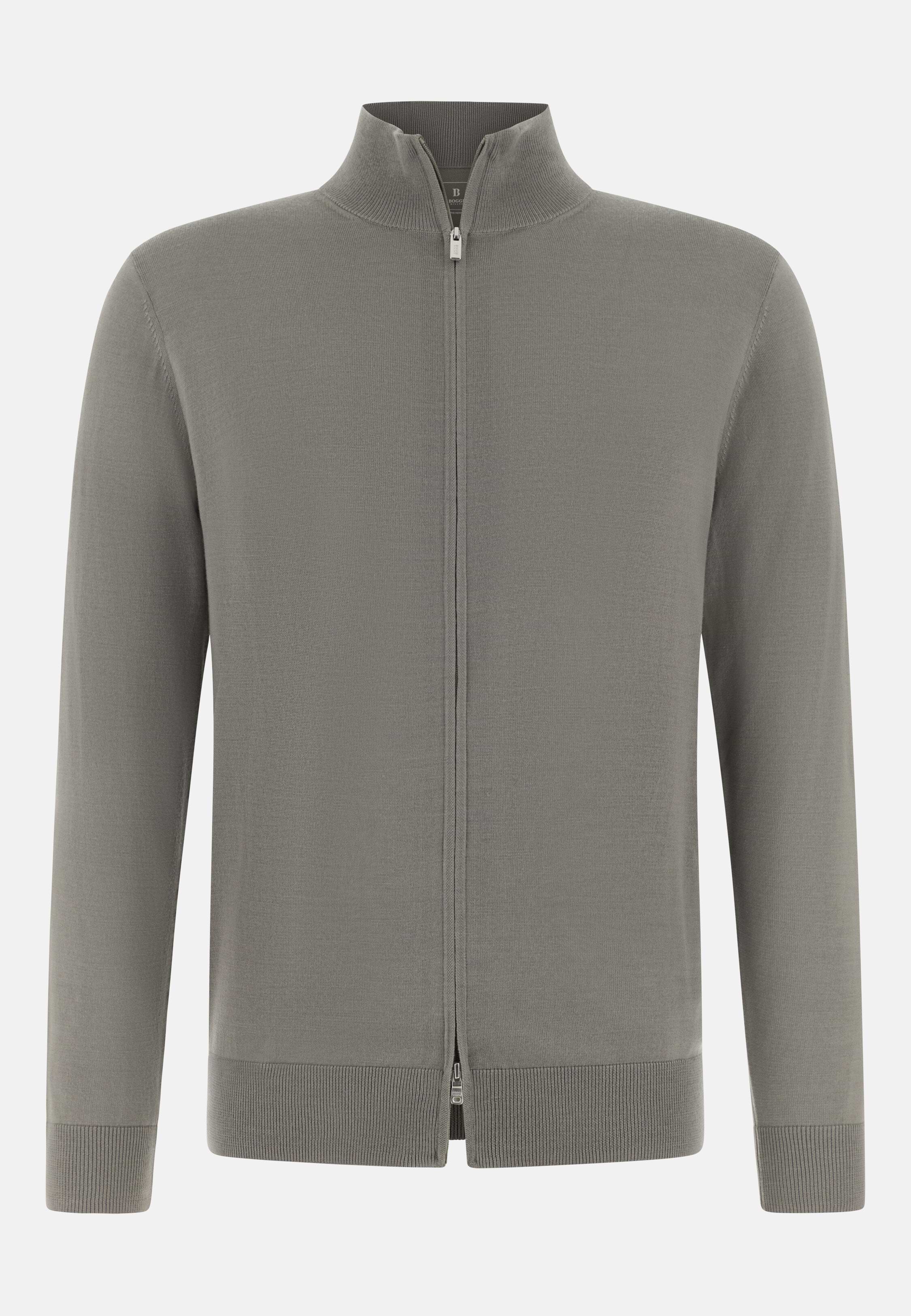 Men's Full-Zip Jumper in Superfine Wool, Mud | Boggi Milano