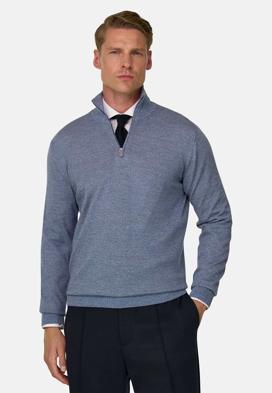 Stehkragenpullover Halber Reißverschluss Merino Cashwool® Mouliné, Hellblau, hi-res