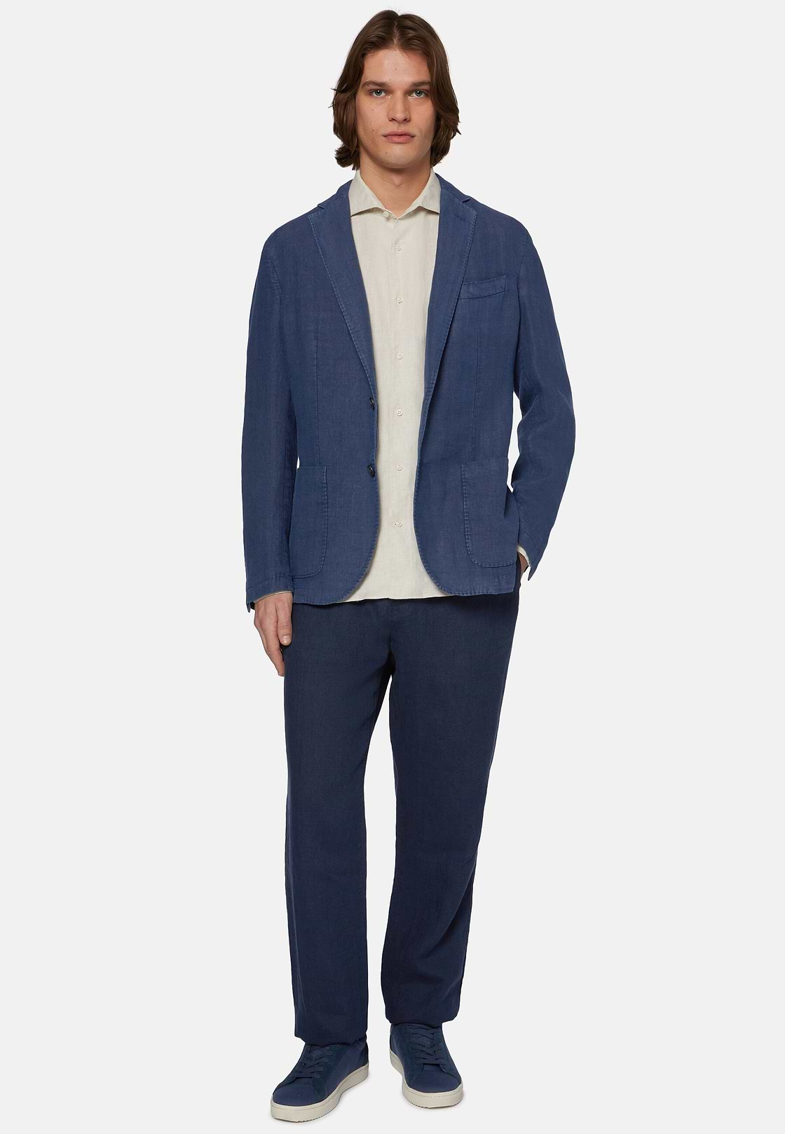 Navy Blue Jacket In Pure Linen, Navy blue, hi-res