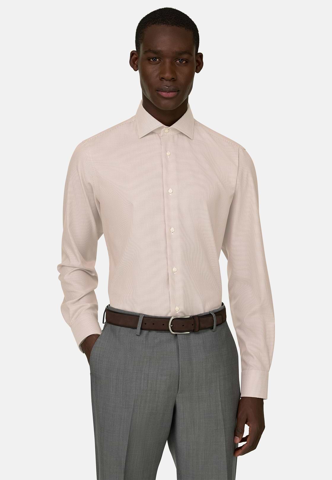 Camicia A Righe In Cotone Slim Fit, Nocciola, hi-res, 1