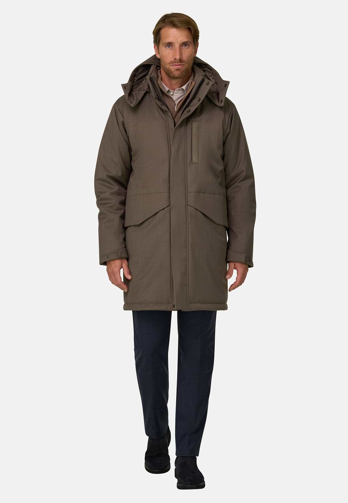 Long Jacket in Technical Wool, Brown, hi-res, 2