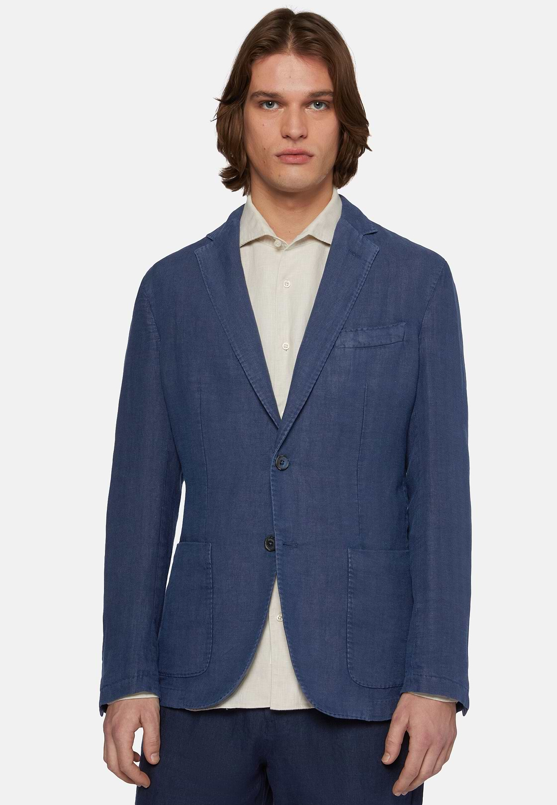 Navy Blue Jacket In Pure Linen, Navy blue, hi-res