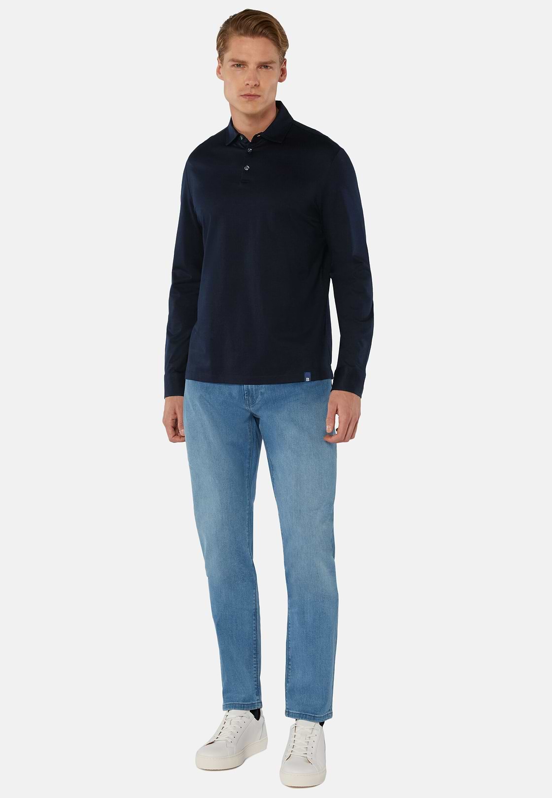 Polo In Jersey Di Cotone Pima Regular Fit Manica Lunga, Navy, hi-res