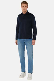 Polo In Jersey Di Cotone Pima Regular Fit Manica Lunga, Navy, hi-res