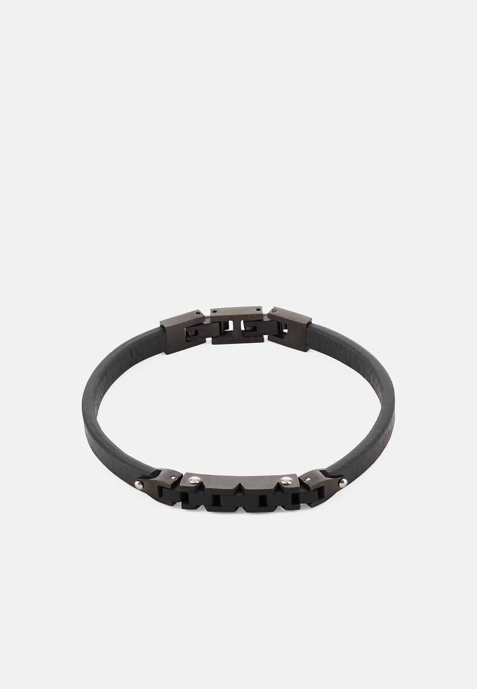 Pulsera De Piel Con Malla Acero, Negro, hi-res