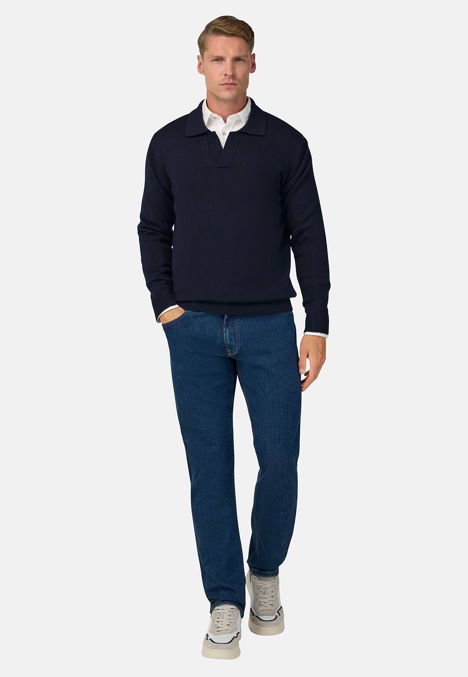 Knitted Merino Wool Polo Shirt, Navy blue, hi-res