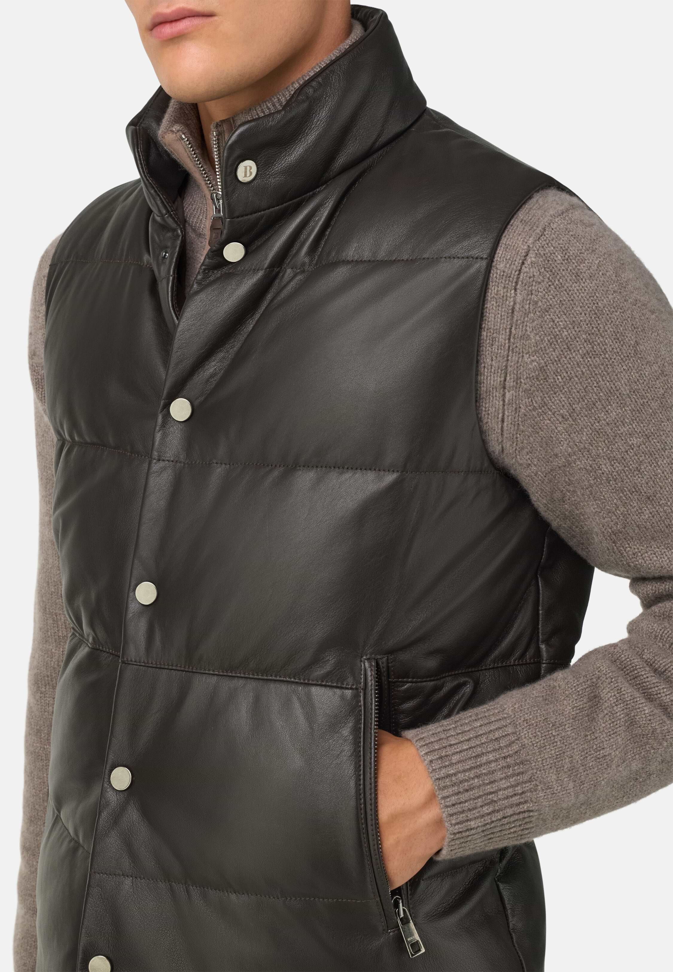Gilet Uomo In Vera Pelle Nabuk Marrone – Multitasca Con Zip YKK, Taglie Forti (XXL)