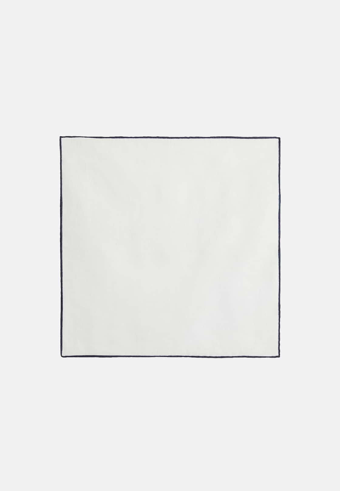 Linen Pocket Square With Contrasting Piping, White - Blue, hi-res