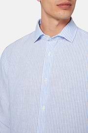 Striped Linen Closed Collar Shirt Regular Fit, Medium Blue, hi-res