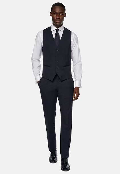 Navy Stretch Wool Twill Waistcoat, Navy blue, hi-res