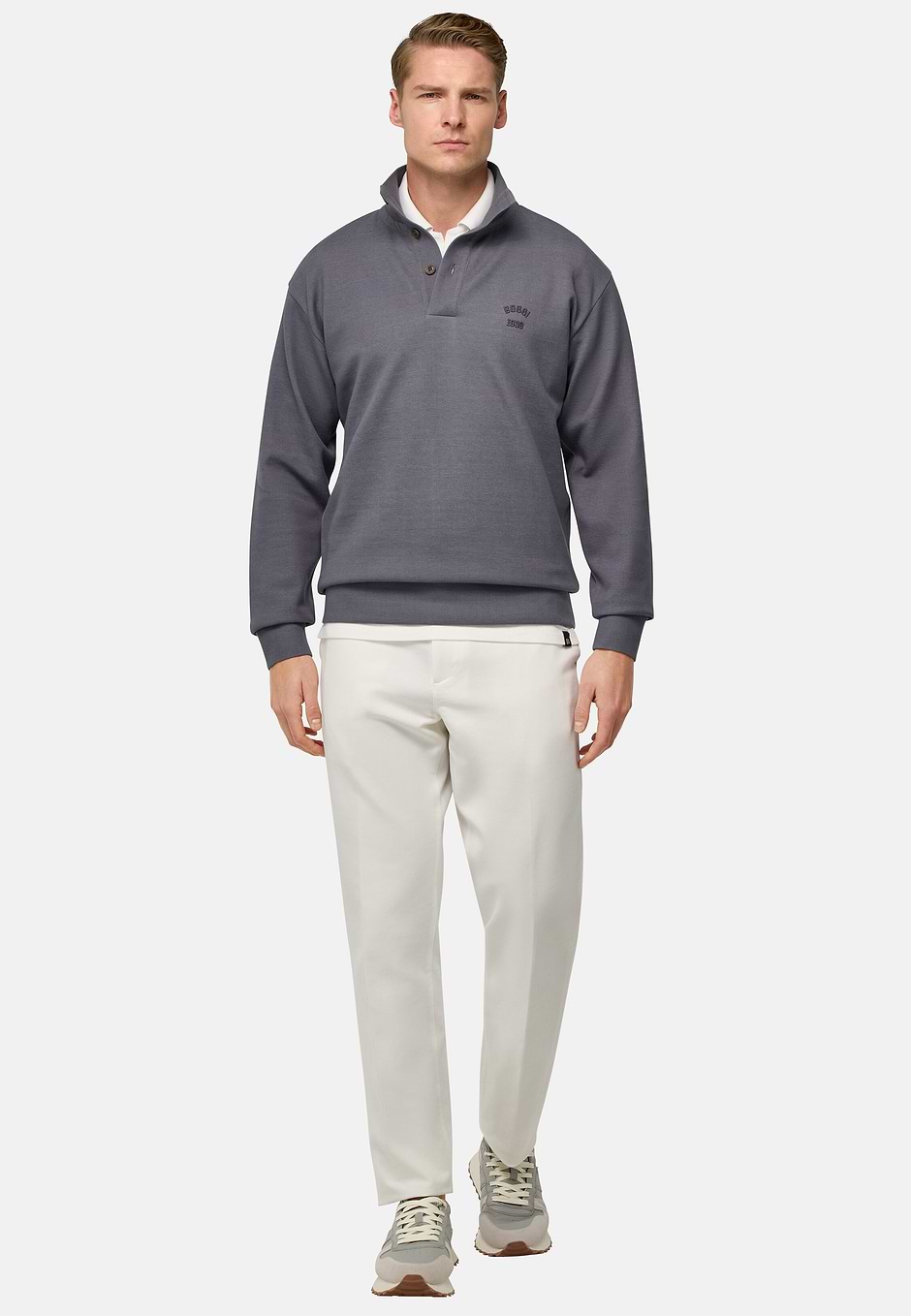 Cotton Blend Mock Polo Neck Sweatshirt, Charcoal, hi-res