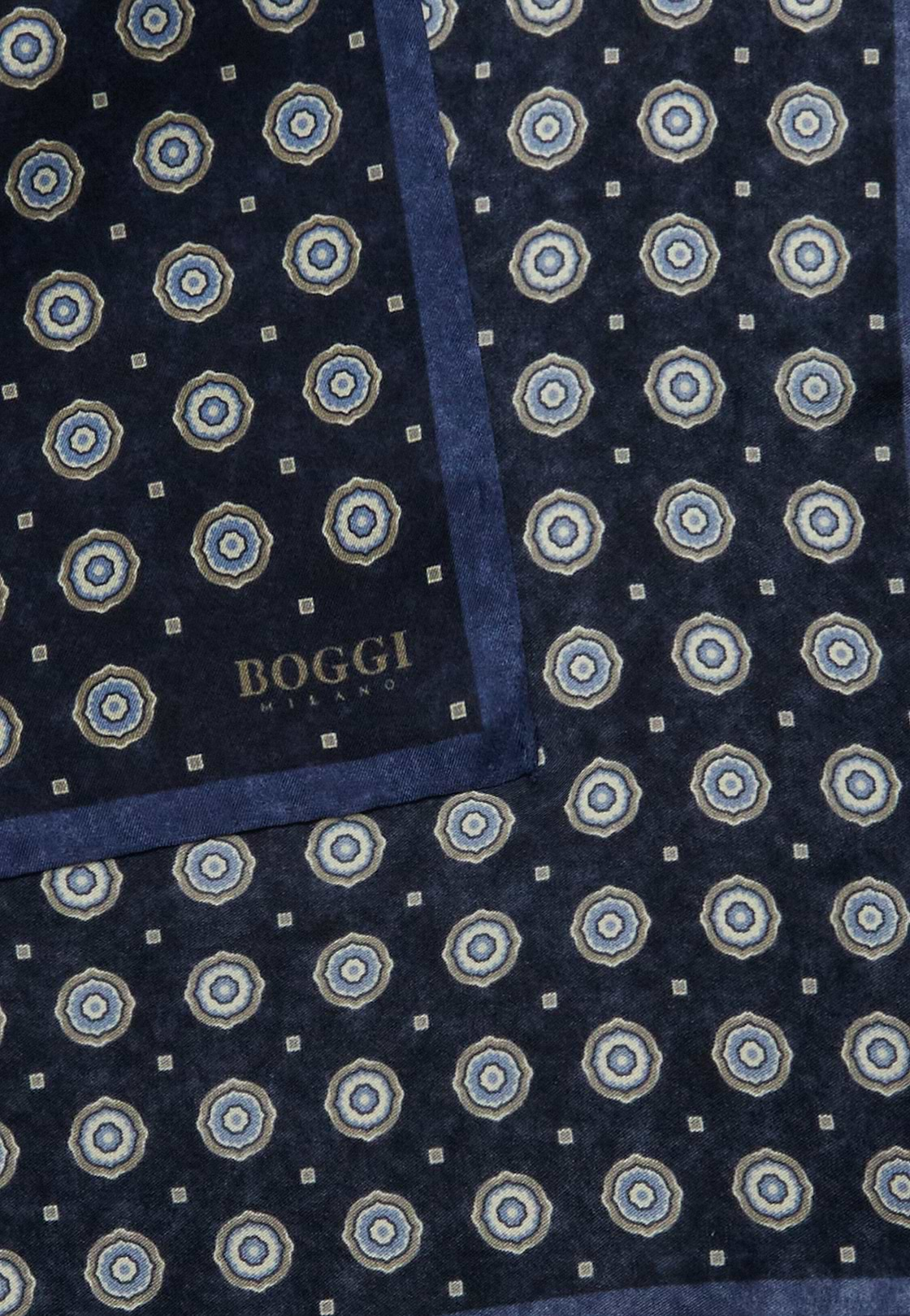 Silk Pocket square with Medalions Motif, Navy blue, hi-res