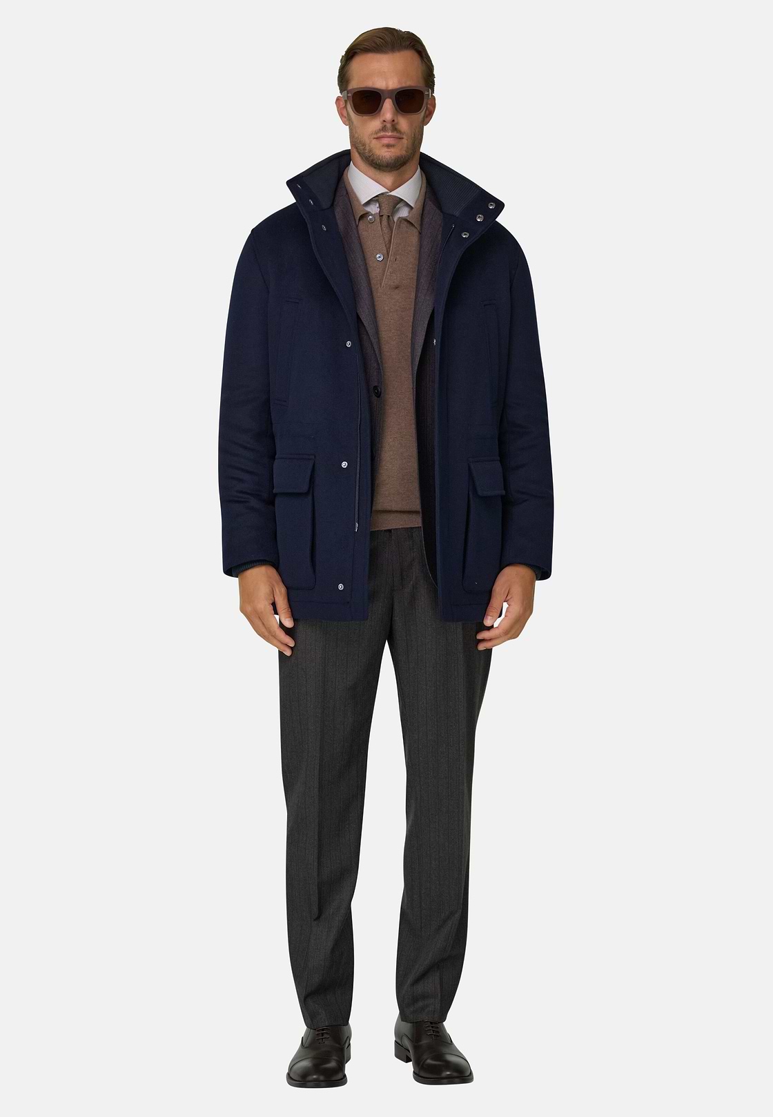 Car Coat Padded in Wool Cashmere, Navy blue, hi-res, 2