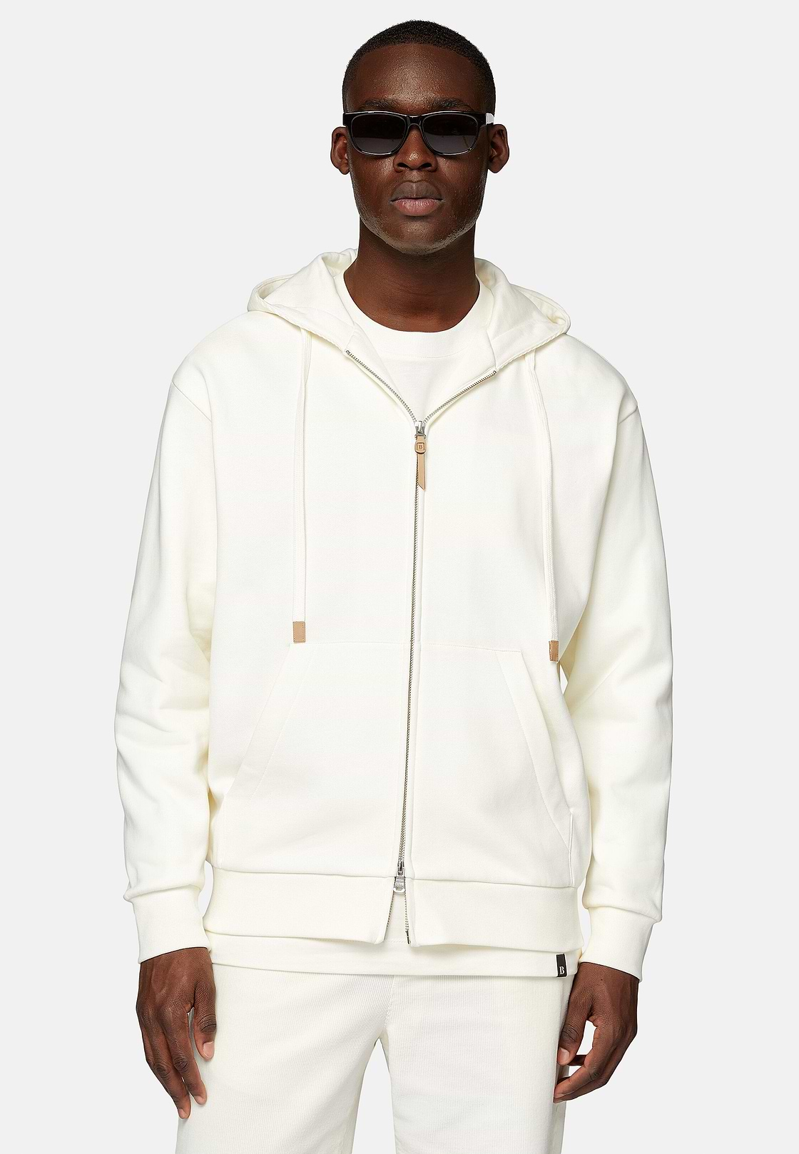 Full Zip Cotton Hooded Sweatshirt, White, hi-res