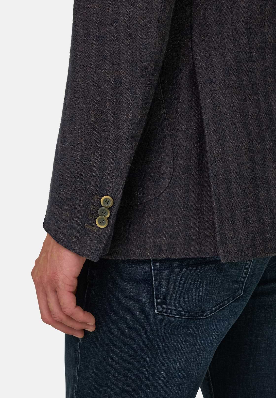 Blazer Herringbone in Cotton and Wool B Jersey, Dark brown, hi-res, 3