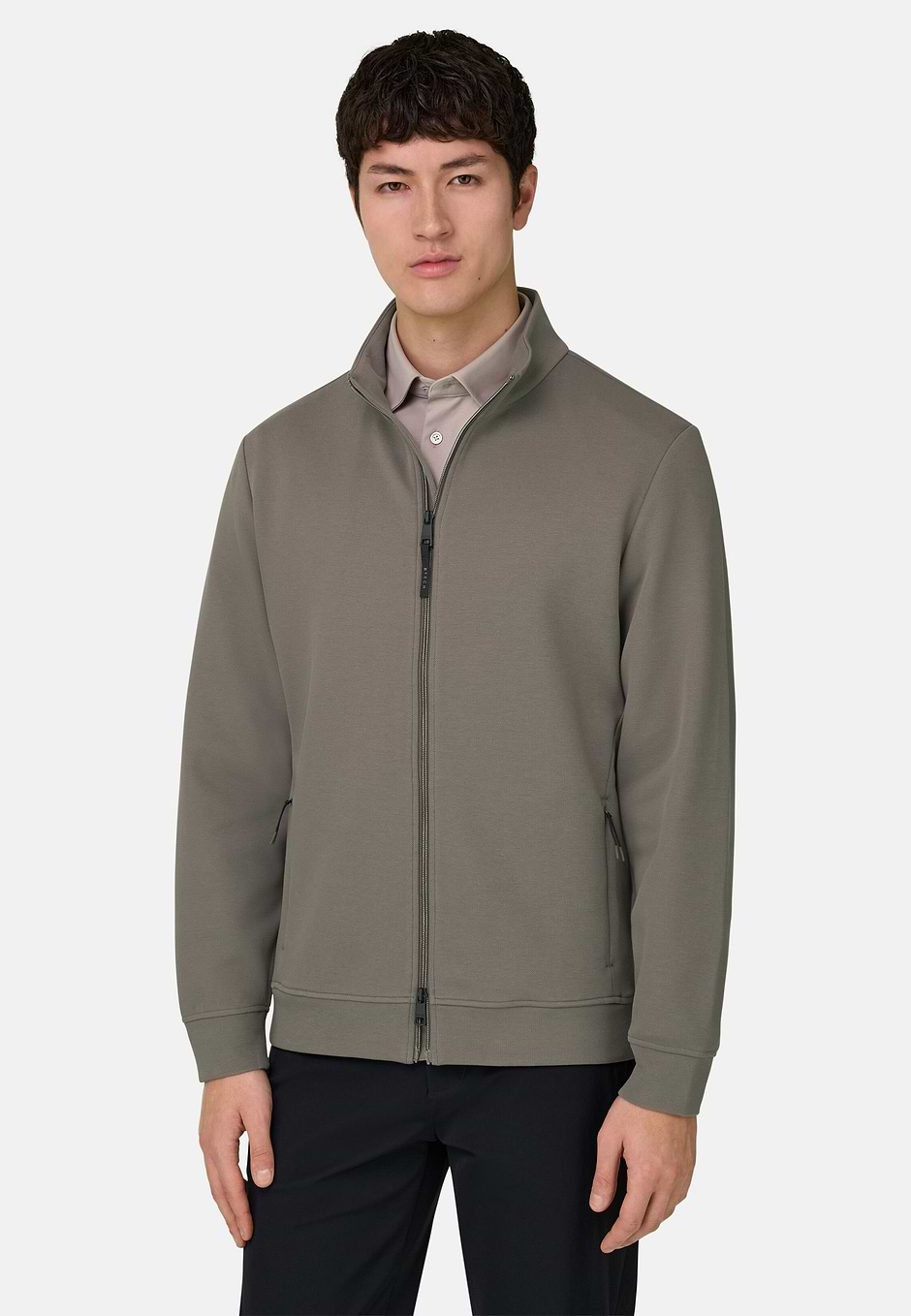 Zipped Sweatshirt in Cotton Blend Scuba Piqué, Mud, hi-res