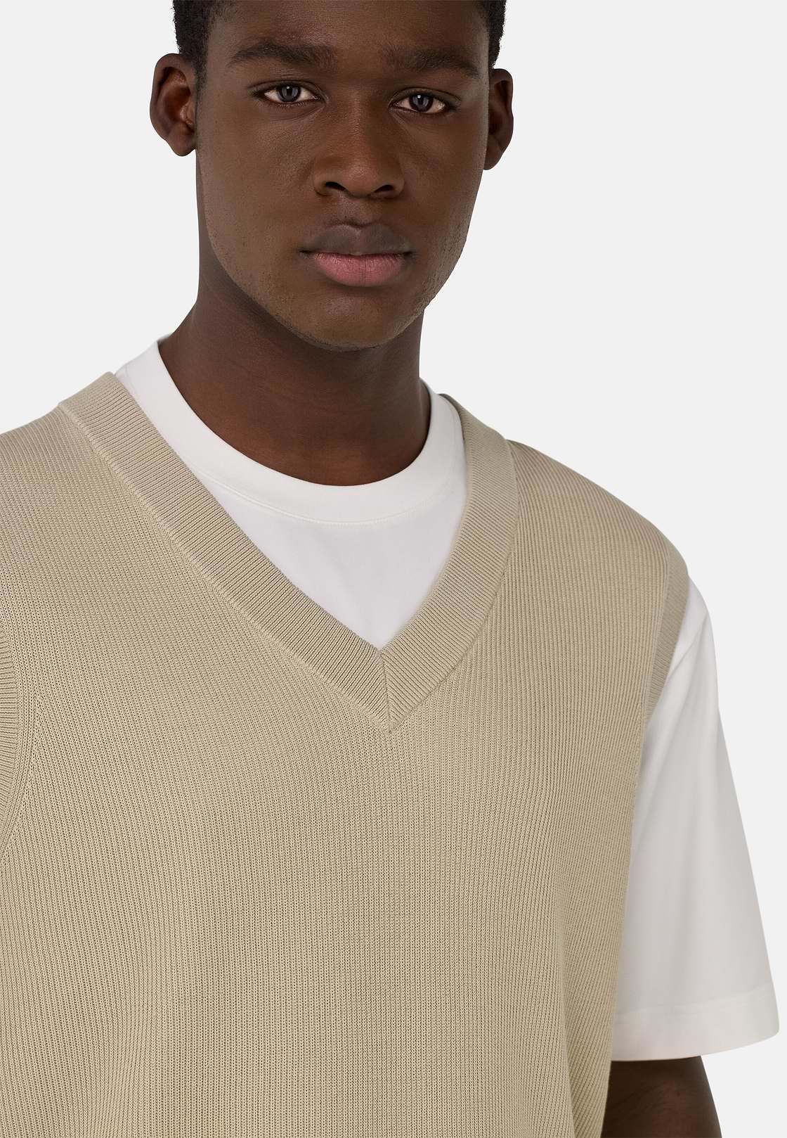 Pullover Mit V-Ausschnitt Aus Baumwolle und Seide, Sand, hi-res