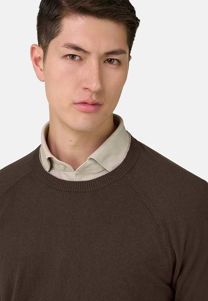 Pull Col Rond En Coton Soie Cachemire, Marron foncé, hi-res