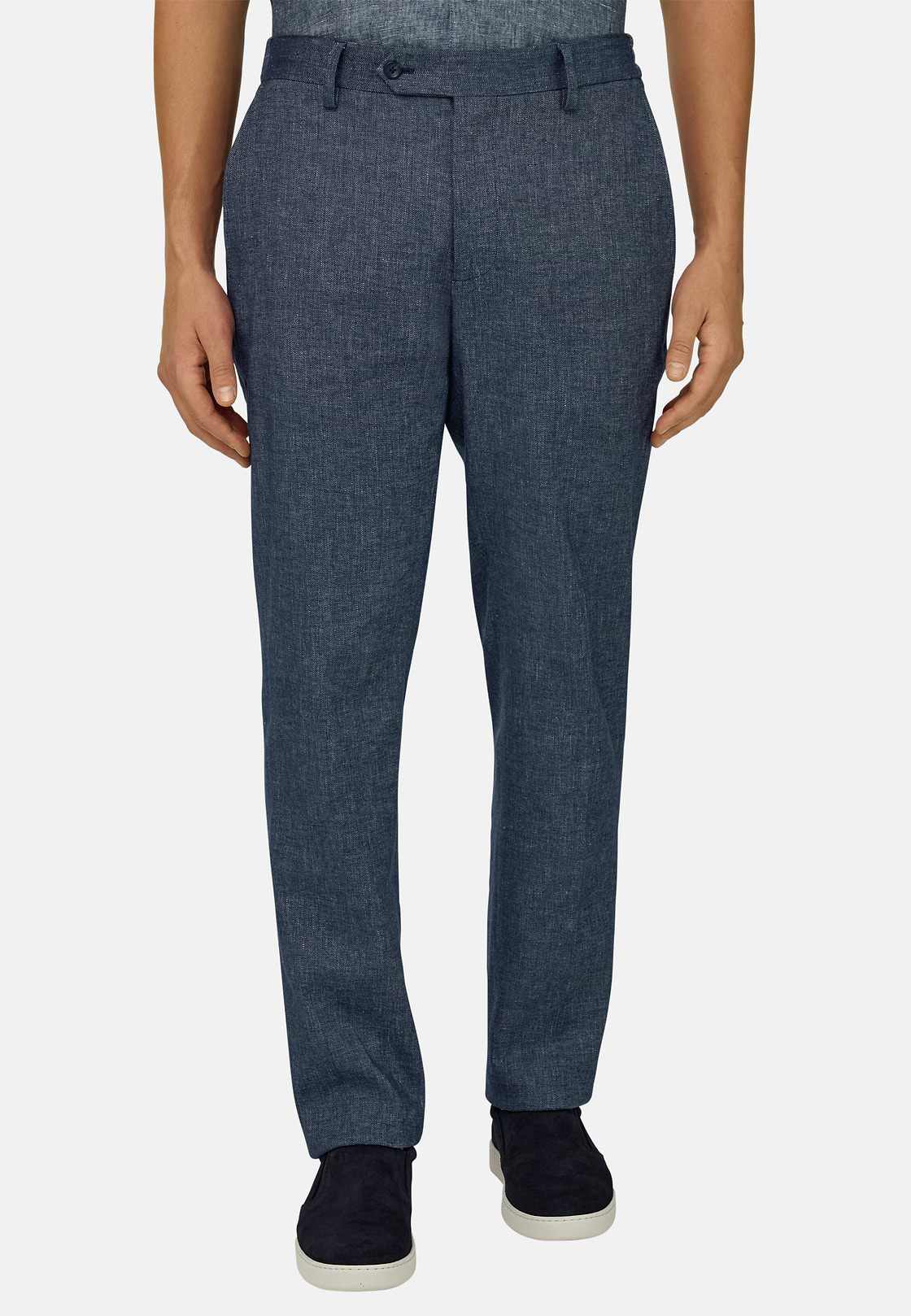 Pantaloni In Cotone Lino Elasticizzato, Indaco, hi-res, 1