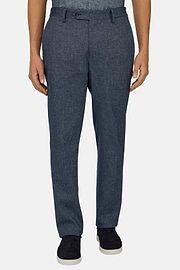 Pantaloni In Cotone Lino Elasticizzato, Indaco, thumb, 1