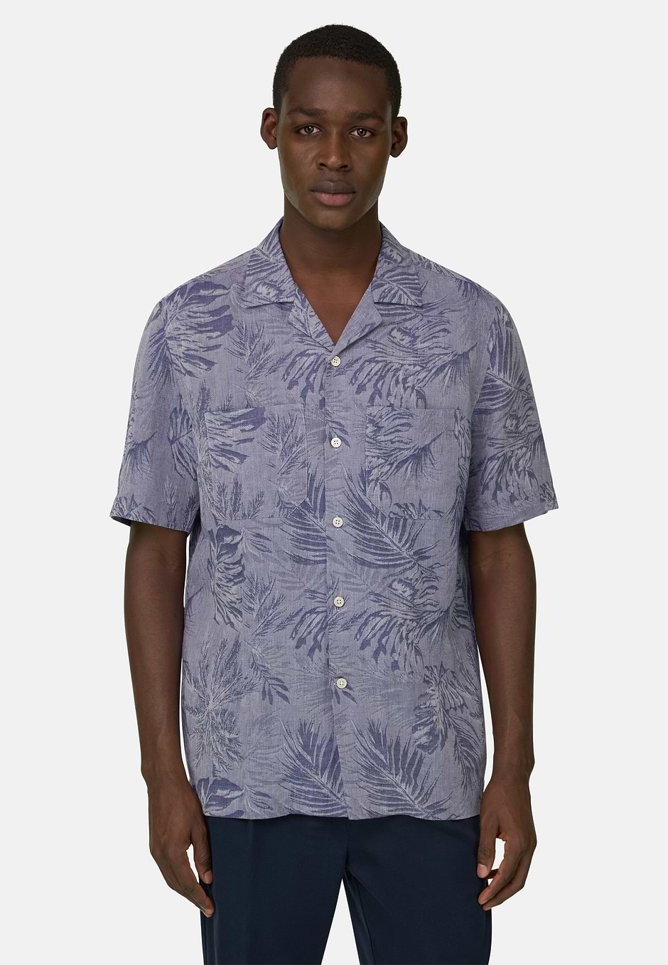 Camicia In Lino Cotone Regular Fit, Navy, hi-res