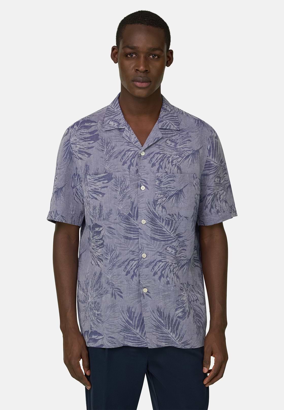 Camicia In Lino Cotone Regular Fit, Navy, hi-res, 1