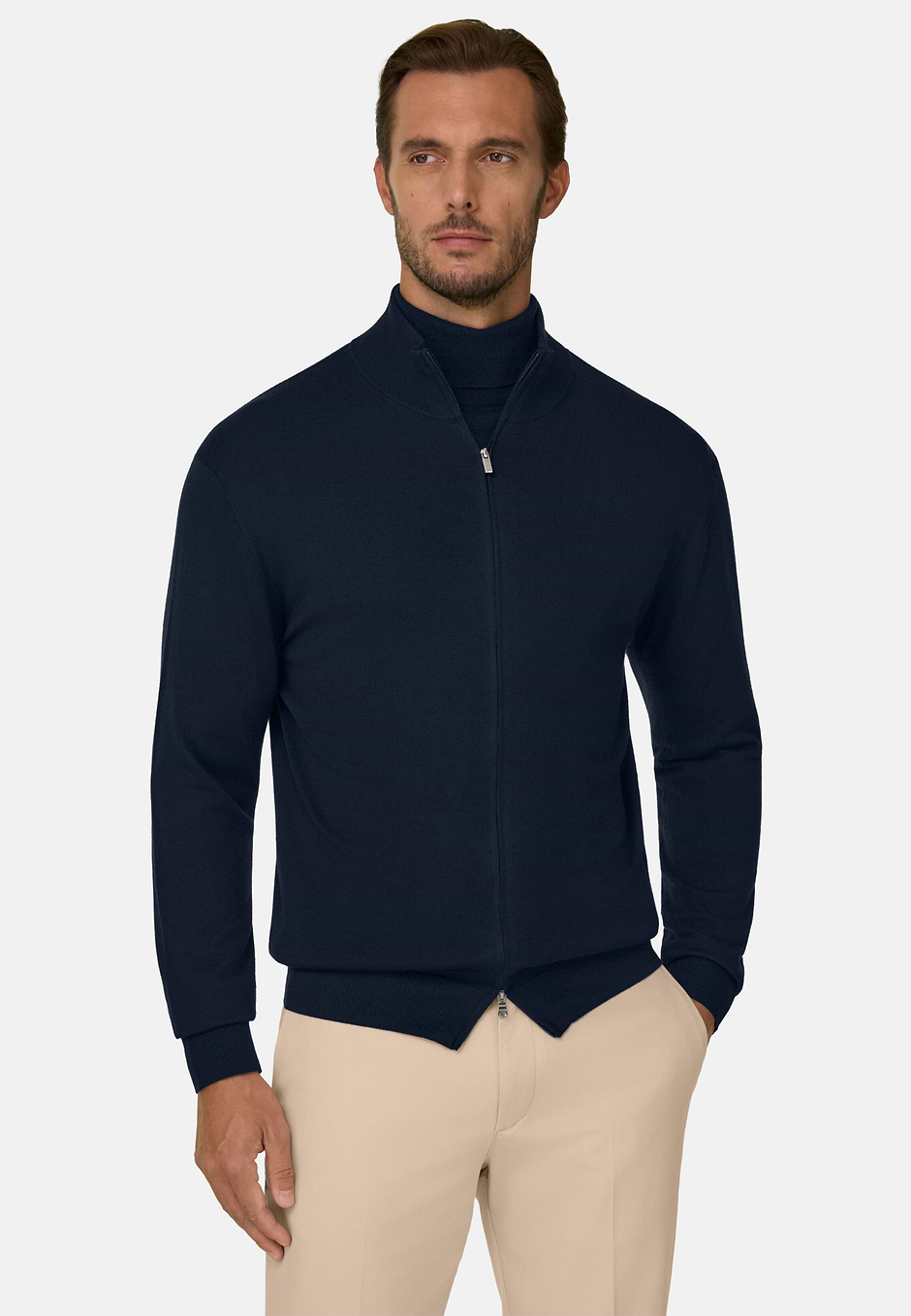 Merino Wool Full-Zip Jumper, Navy blue, hi-res