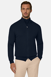 Merino Wool Full-Zip Jumper, Navy blue, thumb, 1